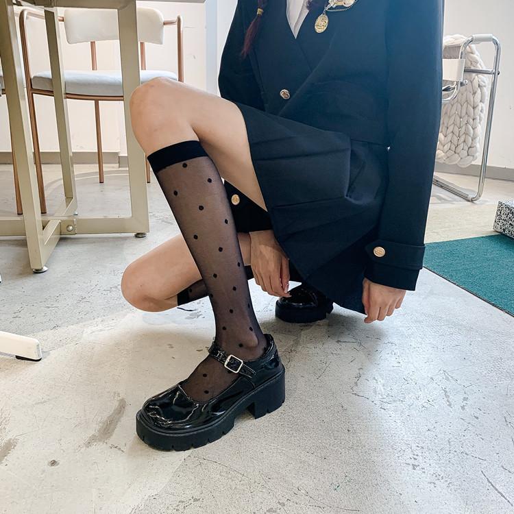 Spring Thin Ladies Black Jacquard Love Calf Socks, Japanese Jk Style Knee Socks Lolita Silk