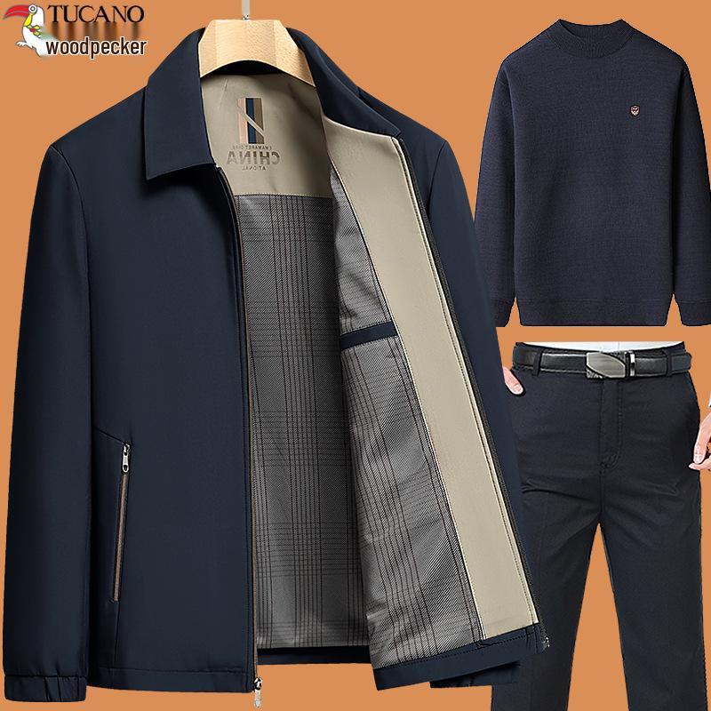 Woodpecker 2025 Dad Outerwear Set: Men's Spring and Autumn Jacket for Middle-Aged and Elderly