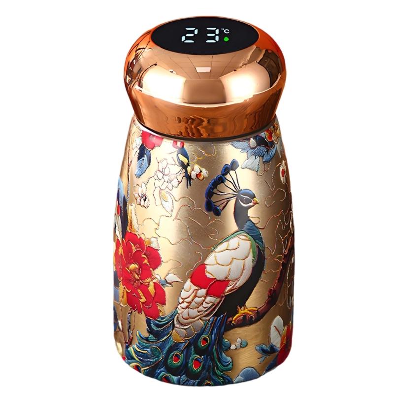 Stainless Steel Insulated Tumblers with Temperature Display, Decorative Florals Print Mini Thermal Cup for Office Desk Tea Coffee Beverage
