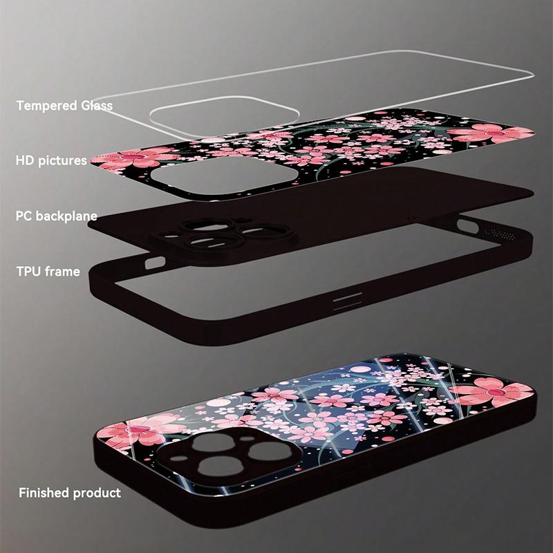 Pink Sakura Floral Pattern Tempered Glass Phone Case For iPhone 17 16 15 14 13 12 11 Pro Max 17Air 16E 7 8 Plus XR XS X Cover