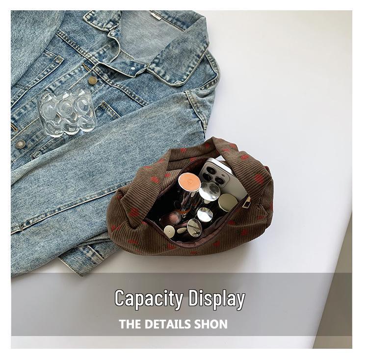 Korean-Style Strawberry Print Corduroy Handbag - 2025 Autumn Collection