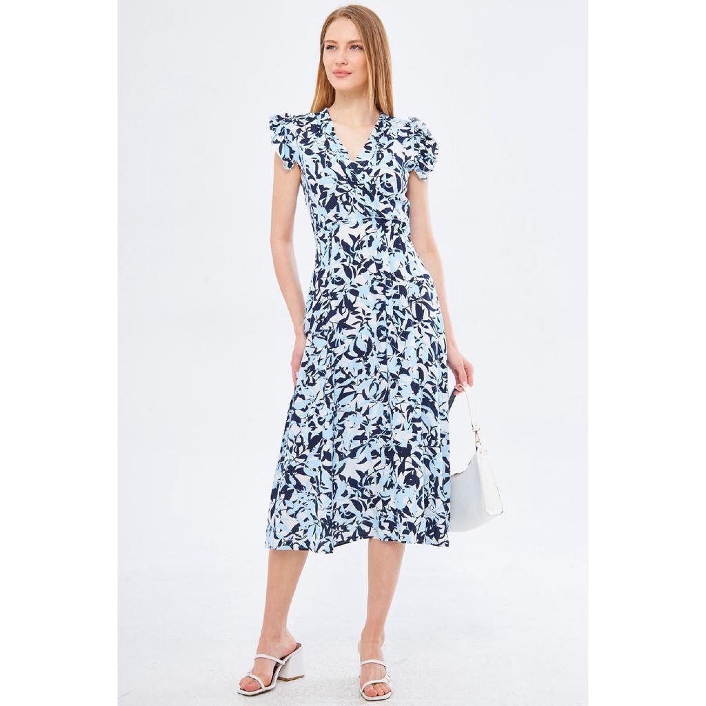 Vestido midi beige para mujer, cuello cruzado, volantes en los hombros, cintura elástica, largo midi, mangas 24y001020