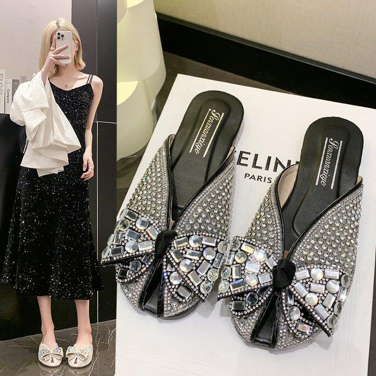 Fish mouth half slippers female summer wear 2024 new French rhinestone fairy wind pearl bag head lazy muller sandals