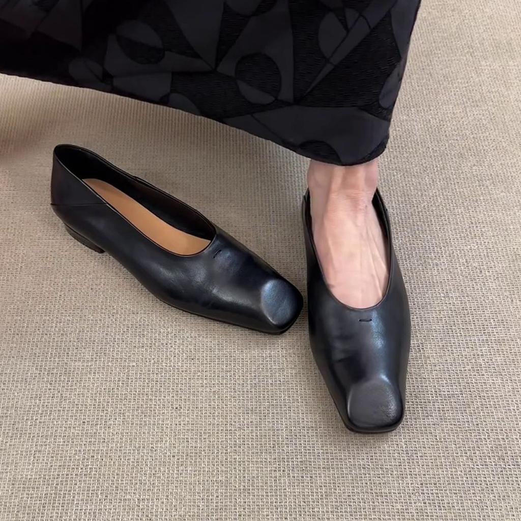Sheepskin~ Minimalist row style leather versatile flat-bottomed laden shoes one pedal retro light mouth single shoes square head polishing shoes