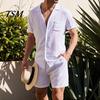 Men Shirt Set 2 Pcs/Set Summer Shorts Suit Solid Color Turn-down Collar Single-breasted Soft Tracksuit for Beach