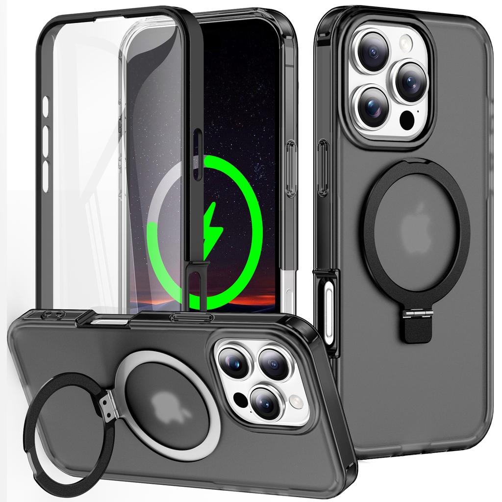 For iPhone 16 Pro Case Frosted TPU+PC Phone Cover with Magnetic Kickstand PET Screen Protector Compatible with MagSafe