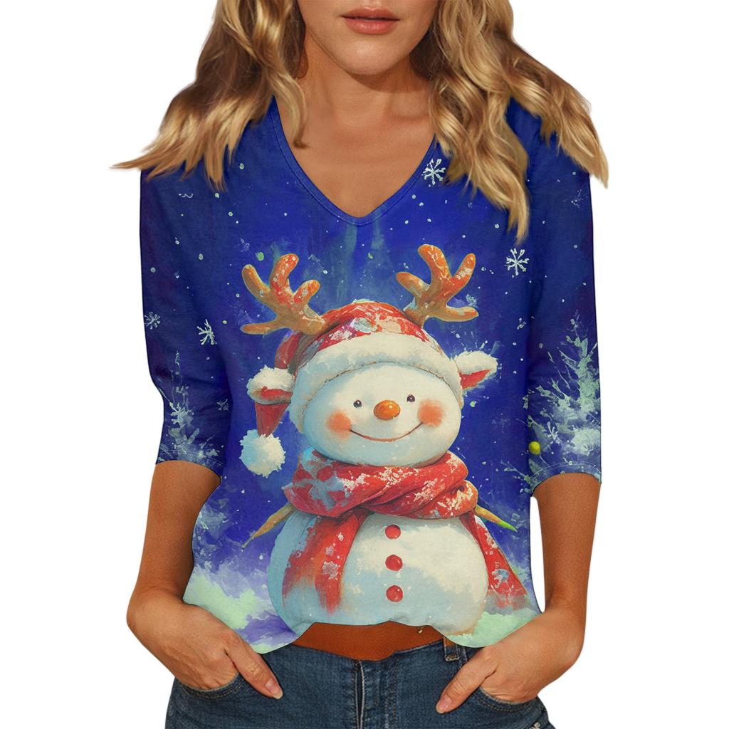 Dámský vánoční potištěný módní ležérní top se sedmiosminovými rukávy a výstřihem do V