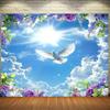 Serene Dove Tapestry, Peaceful Scene of a White Dove Soaring Under a Sunny Sky with Blooming Flowers, Gentle and Spiritual Wall Art