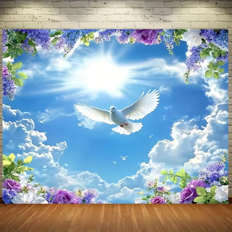 Serene Dove Tapestry, Peaceful Scene of a White Dove Soaring Under a Sunny Sky with Blooming Flowers, Gentle and Spiritual Wall Art