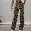Women's Mid Rise Cargo Pants Loose Straight Trousers Camouflage Print Zip Pocket Streetwear Long Casual Pants