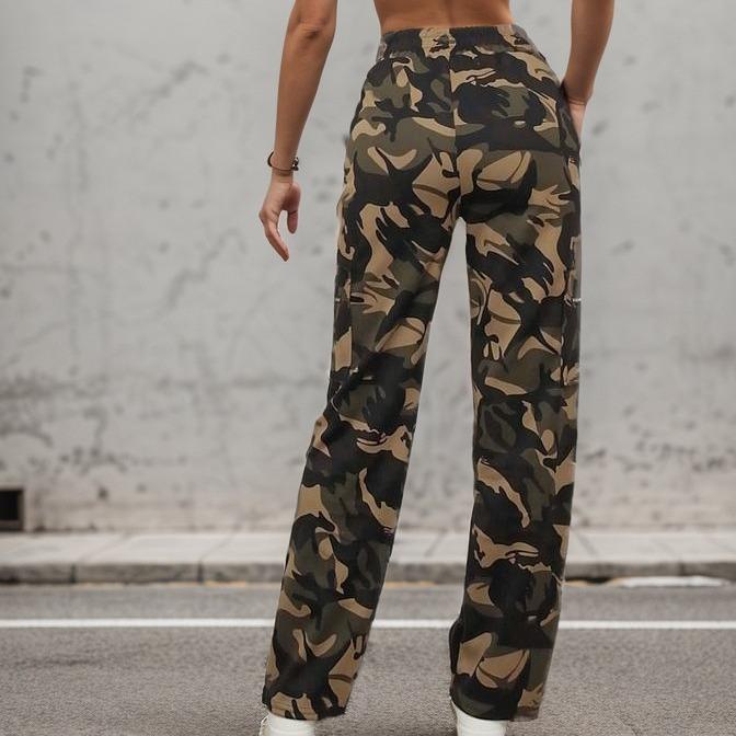 Women's Mid Rise Cargo Pants Loose Straight Trousers Camouflage Print Zip Pocket Streetwear Long Casual Pants