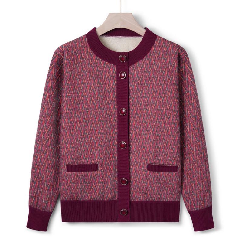 Middle-aged and Old Velvet Mother Outfit Autumn and Winter Round Neck Thickened Knitted Cardigan Female Grandma Loose Casual Coat
