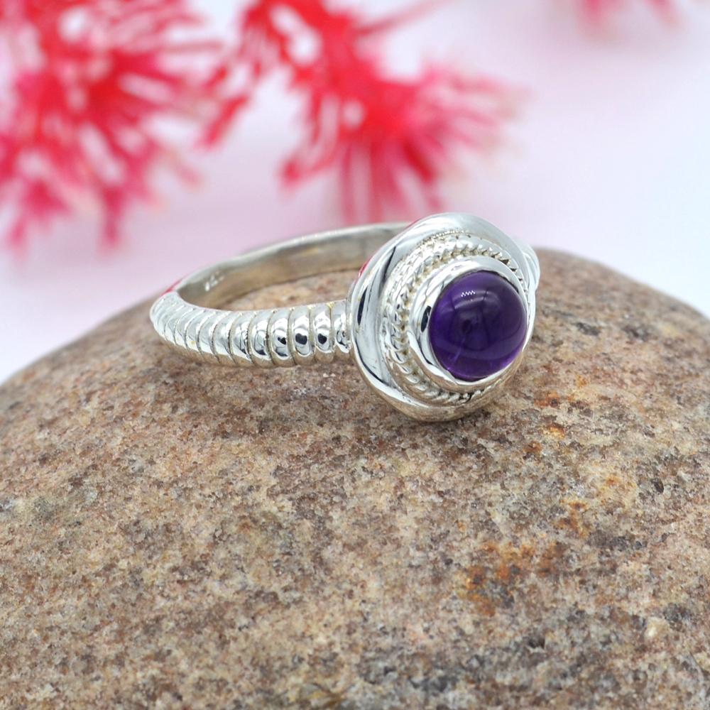 Solid 925 Sterling Silver Amethyst Gemstone Birthday Gift Ring Handmade Jewelry