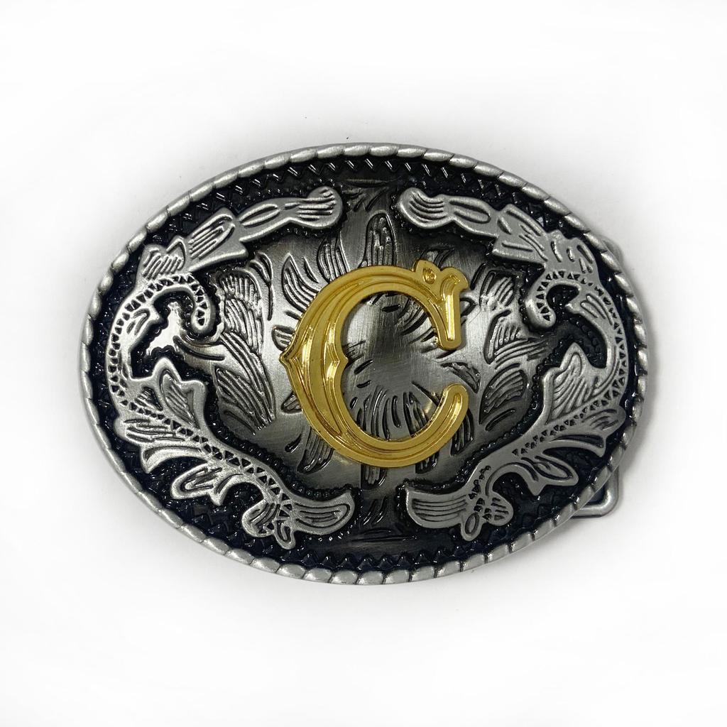Western Cowboy Ethnic-Style Oval Belt Buckle - English Letters & Tang Grass Pattern Alloy