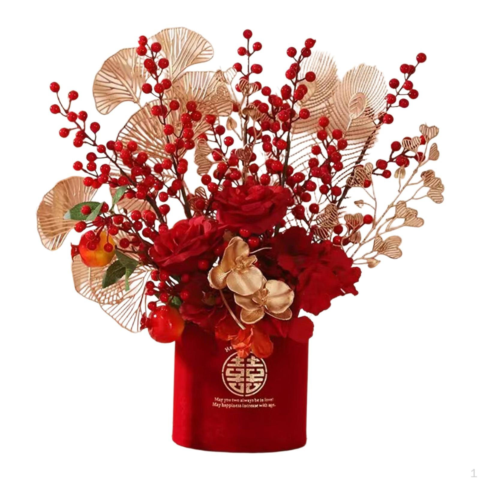 

Artificial Bonsai Potted Plants Red Berry Branches Desk Floral Arrangements Flocked Silk Material Style B