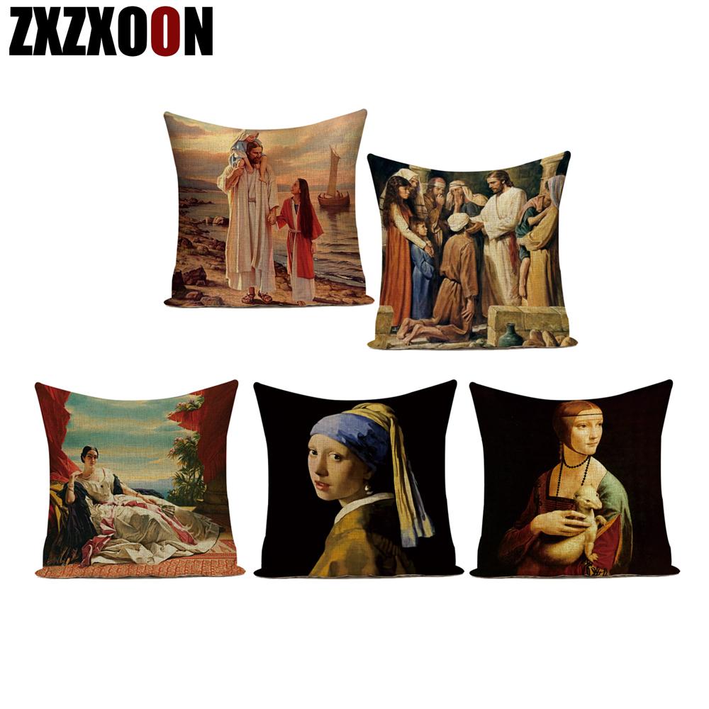 Pearl Girl Wearing Earrings Art Oil Painting Decorative Throw Pillow Case Polyester Cushion Cover for Living Room Decoration