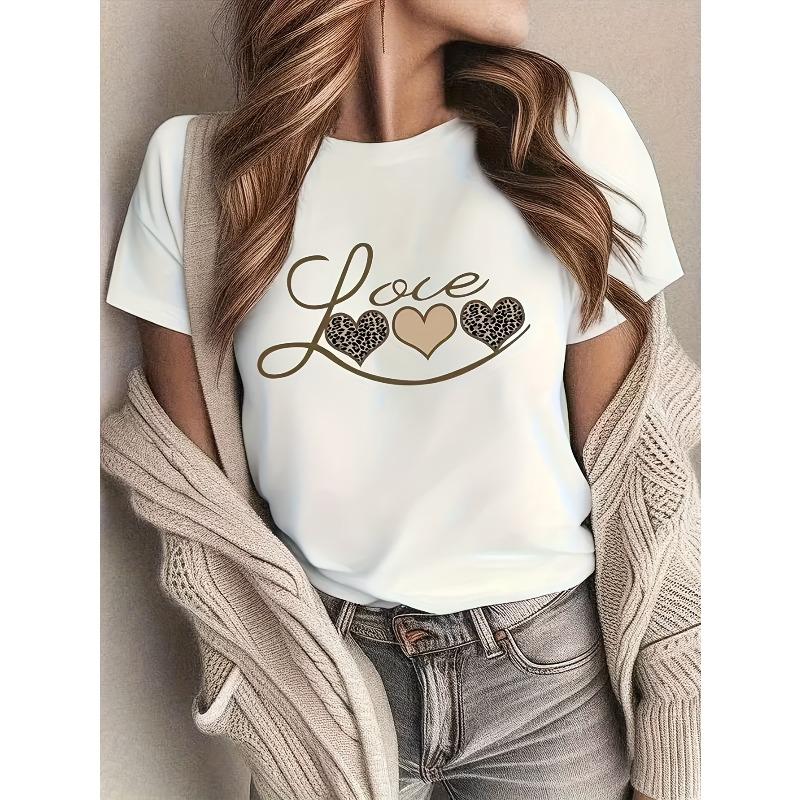 Damen Leopardenherz Design T-Shirt Beliebte Wahl Lässig Rundhals Reguläre Passform Sommer Kurzarm Top