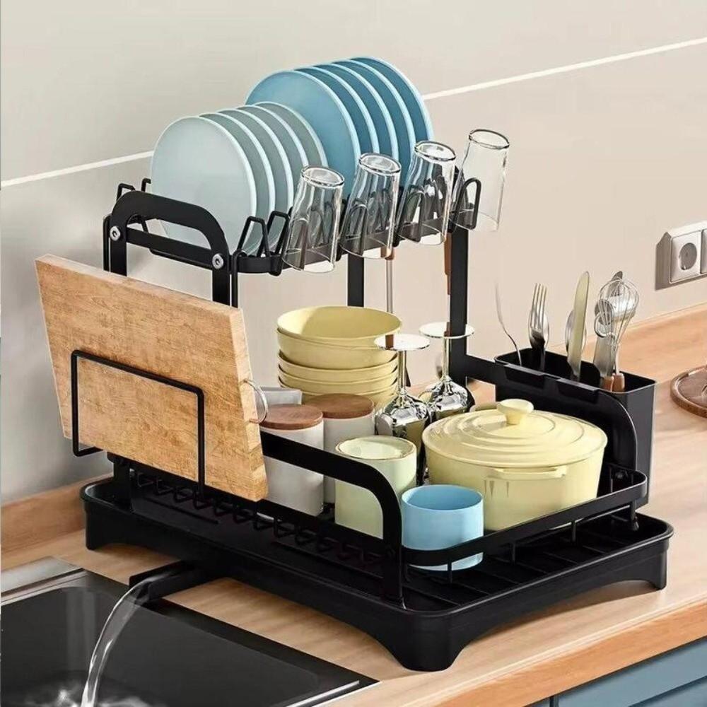 Extendable Drain Pipe Kitchen Dish Storage Rack Kitchen Plates Organizer for Sink Countertop