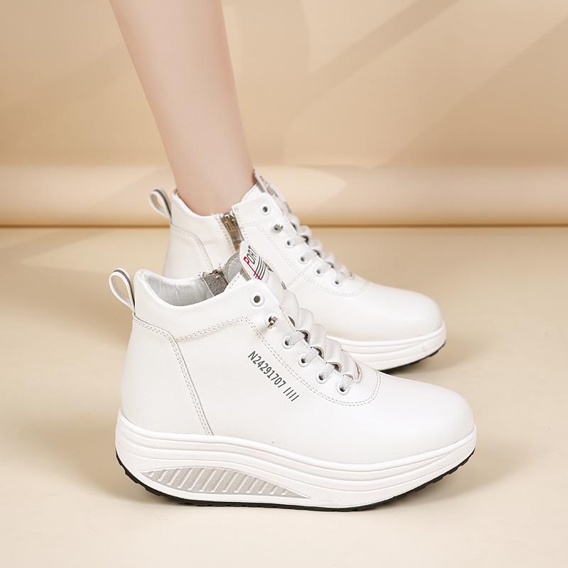 Women's Black Sneakers Height Increase White Leather Boots Platform Casual High Top Thick Sole Elevator Shake Shoes for Students
