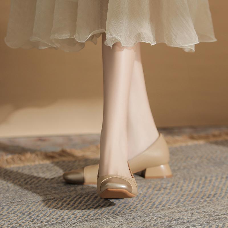 Super soft small man inner height increase 6cm ballet style splicing small square head shallow mouth pedal small thick heel single shoes female summer