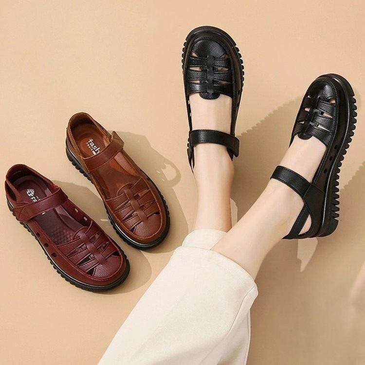 Soft Leather Soft Sole Mother Shoes Bag Head Sandals Women's Comfortable Non-slip Single Shoes Hollow Hole Shoes Middle-aged and Elderly Leather Sho