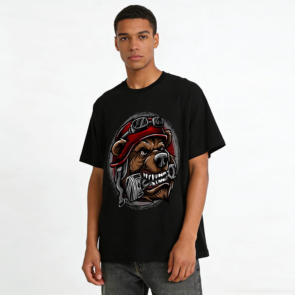 Furious Brown Bear Biker Print T-Shirt Retro Hardcore Mechanical Style Top Pure Cotton T-shirt