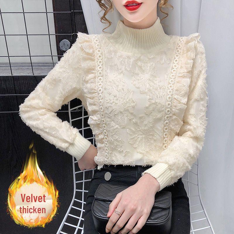 Elegant Velvet-Lined Lace Half-High Collar Shirt for Women - Autumn/Winter Collection