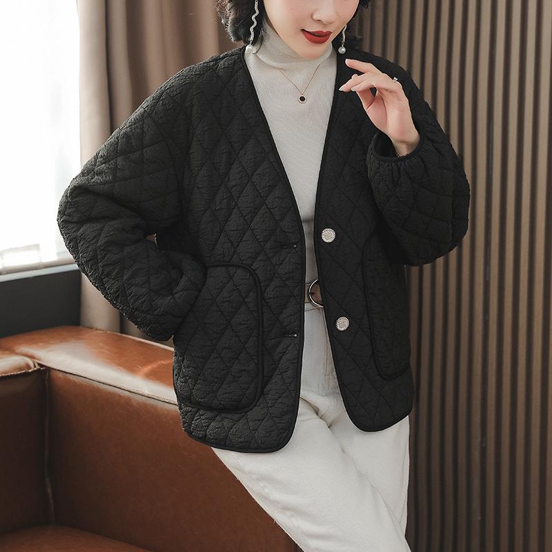 Design Rhombus V-neck  jacket for women's autumn and winter casual outer wear short  clothes
