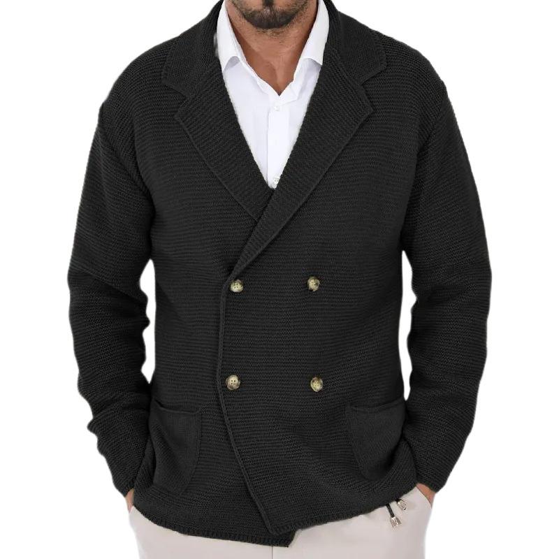 Men's Dark Blue Double Breasted Knit Cardigan with Gold Buttons, Thick Textured Fabric