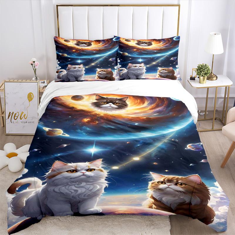3pcs Anime Cat Galaxy Space Bedding Set - Includes One Quilt Cover and Two Pillowcases (No Core) - Home Decor, Festival Gift, Polyester Fabr