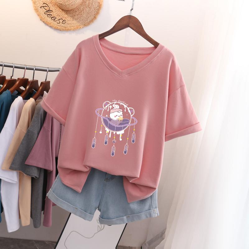 Short-sleeved T-shirt, Loose-fitting, Slimming Printed V-neck Top for Women