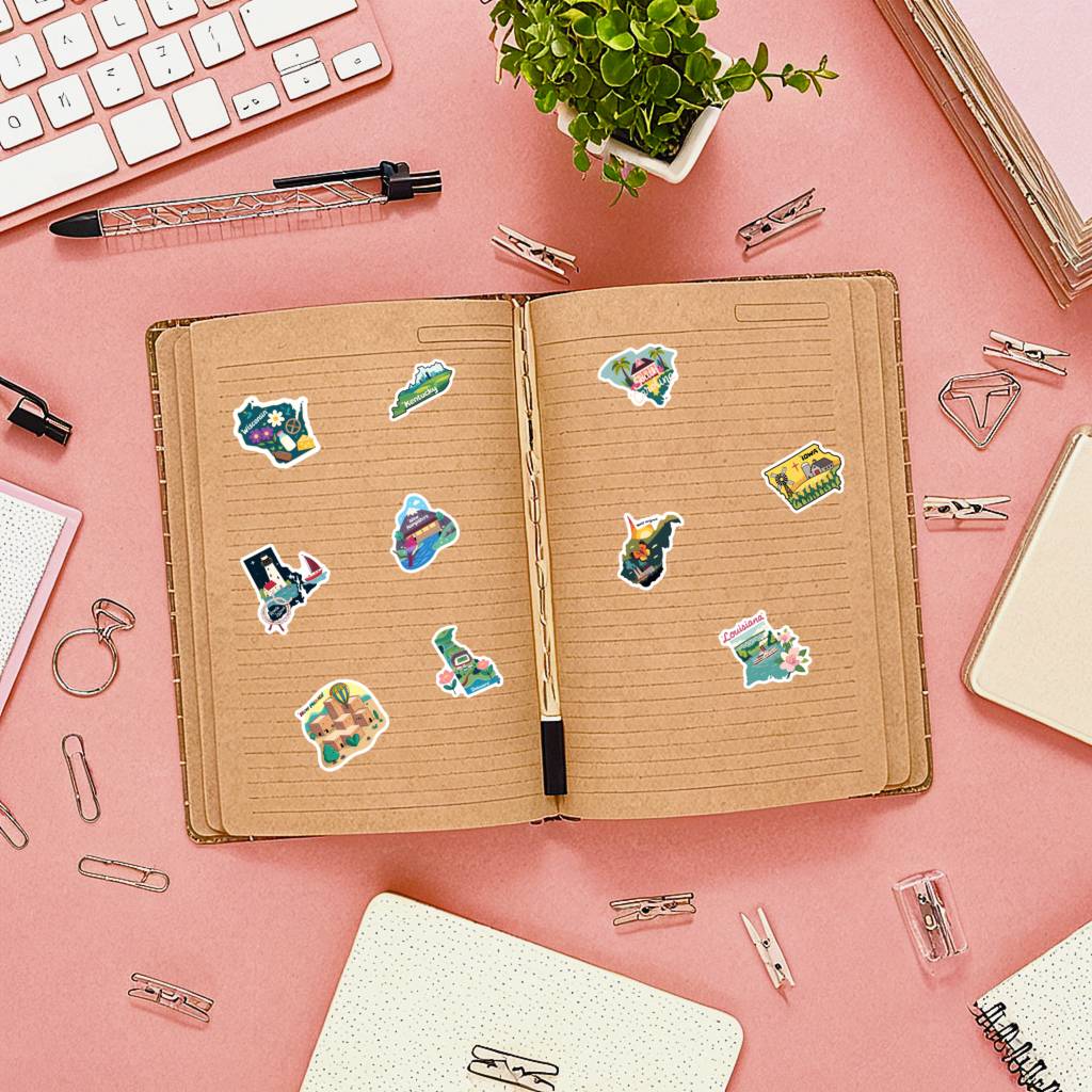 35pcs Artistic US States Stickers Colorful Landmarks Geography Stickers State Decals For Guitar DIY Skateboard Laptop Luggage