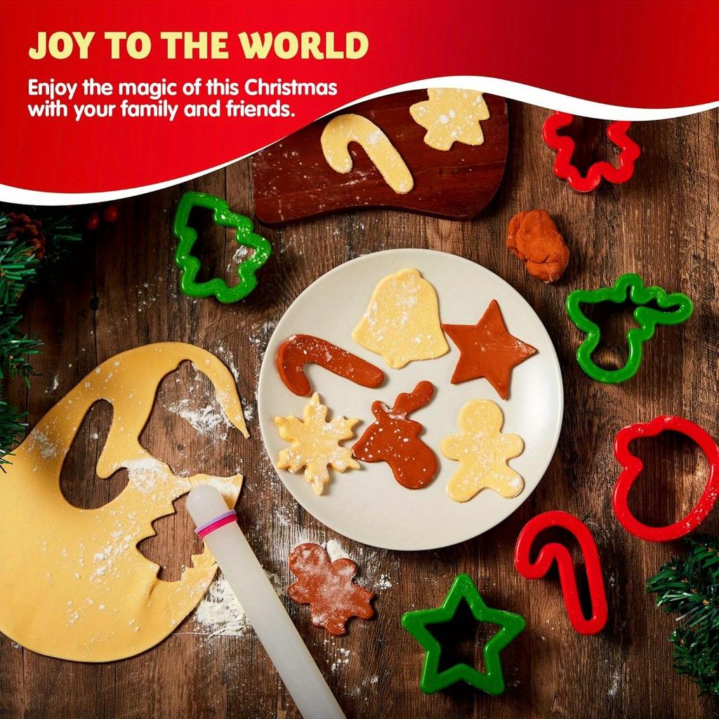 JOYFY 13 PCS Christmas Cookie Cutters in Stainless Steel with 3.5 plus Grip and a Rolling Pin for Xmas Holiday Party Baking