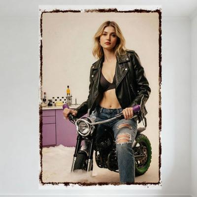 Sexy Blonde Wavy Hair Biker Woman On Black Motorcycle Purple Handlebar Vintage Tin Sign Metal Poster for Bar Pub Home Cafe Wall