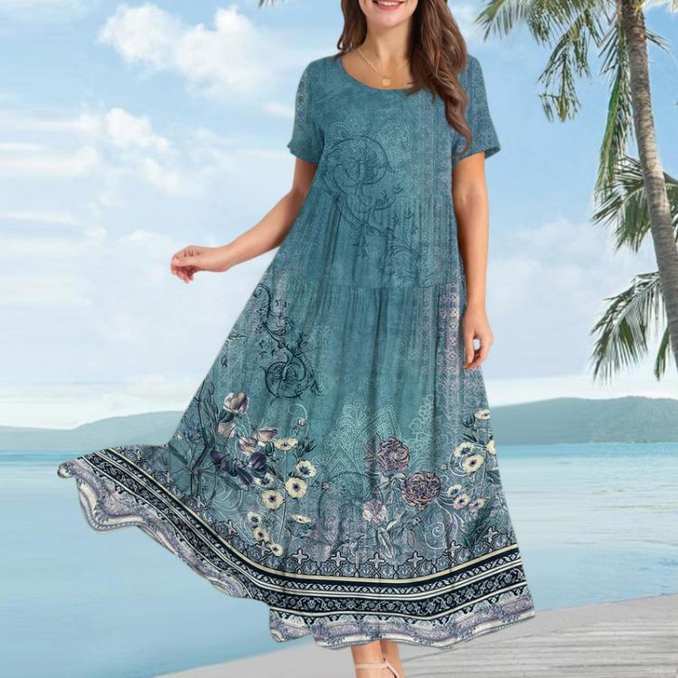 Bohemian Floral Summer Beach Dress Women Casual Loose Long Maxi Swing Short Sleeve