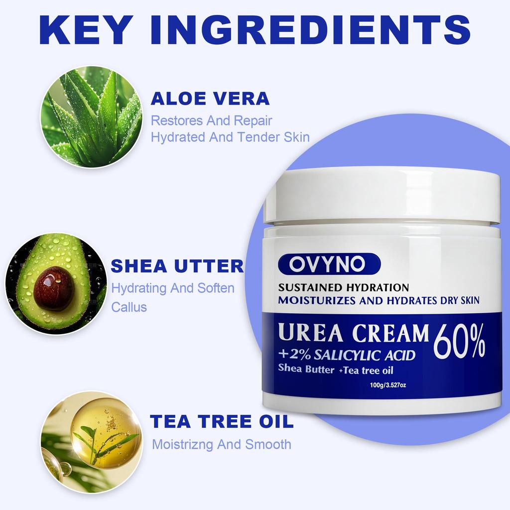 Cremă cu Uree 60%, 100G, Pentru Picioare și Mâini Aspre, Bogată în Ulei de Jojoba, Ulei de Arbore de Ceai, Ajută la Calmare și Alinarea Pielii, Iritație Scăzută, Hidratare Ridicată,