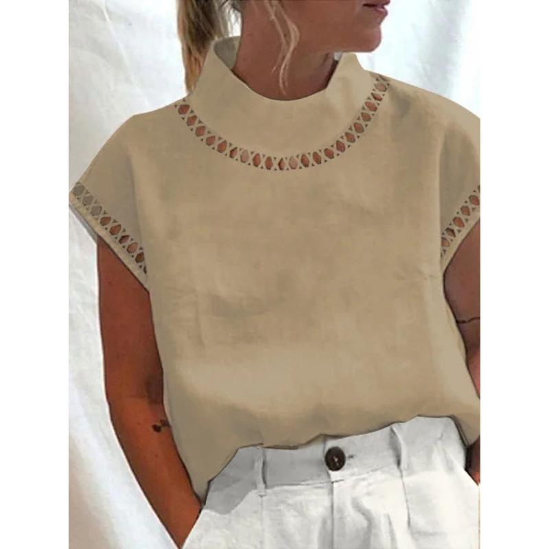 Women's Solid Color Hollow Top Casual Turtleneck Breathable Shirt