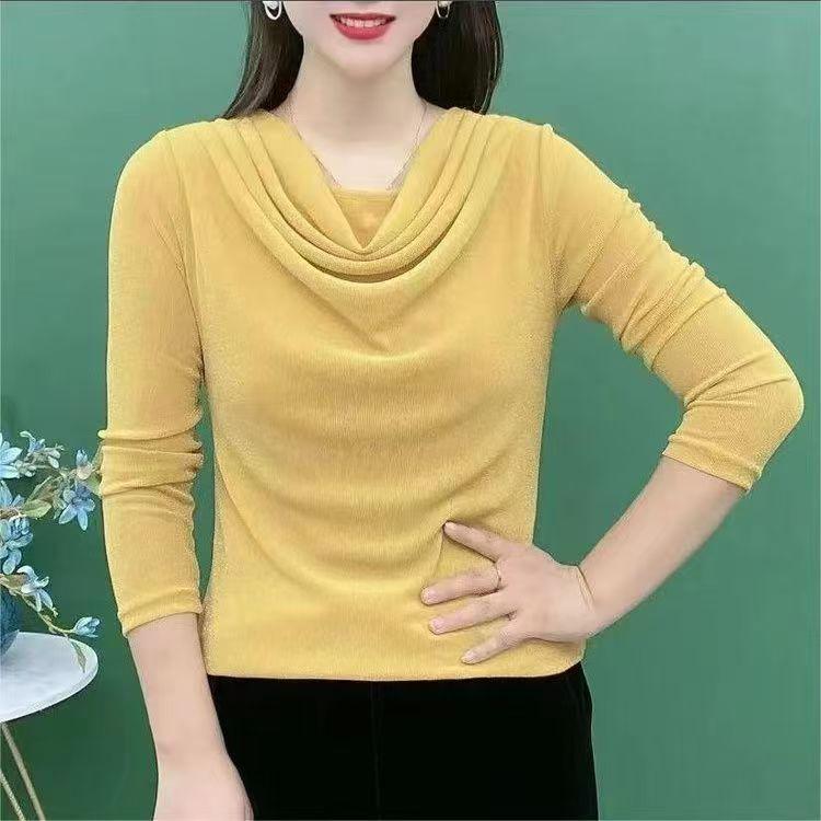 One-Piece 2025 Autumn Pile Collar Mesh Long-Sleeve Women's T-Shirt