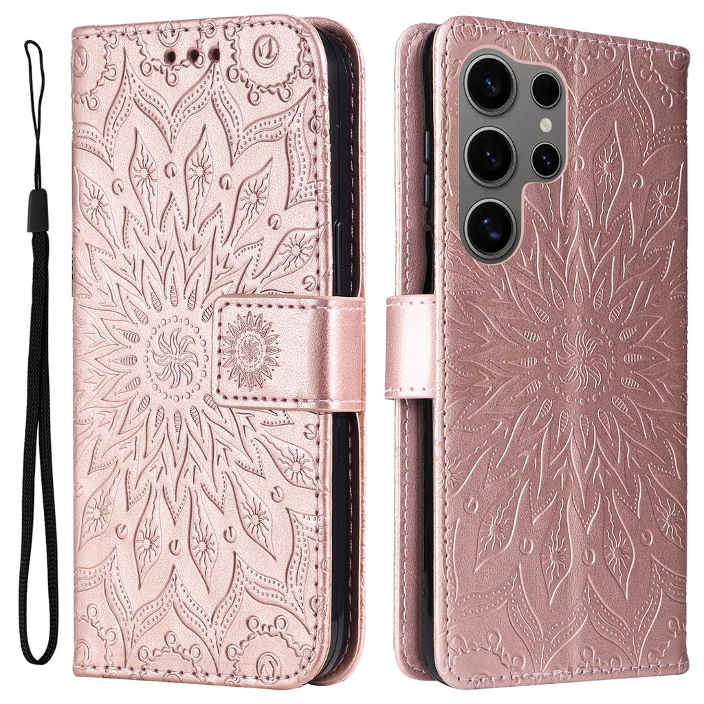 For Samsung Galaxy S25 Ultra Phone Case Sunflower Imprinted Leather Wallet Stand Cover with Strap