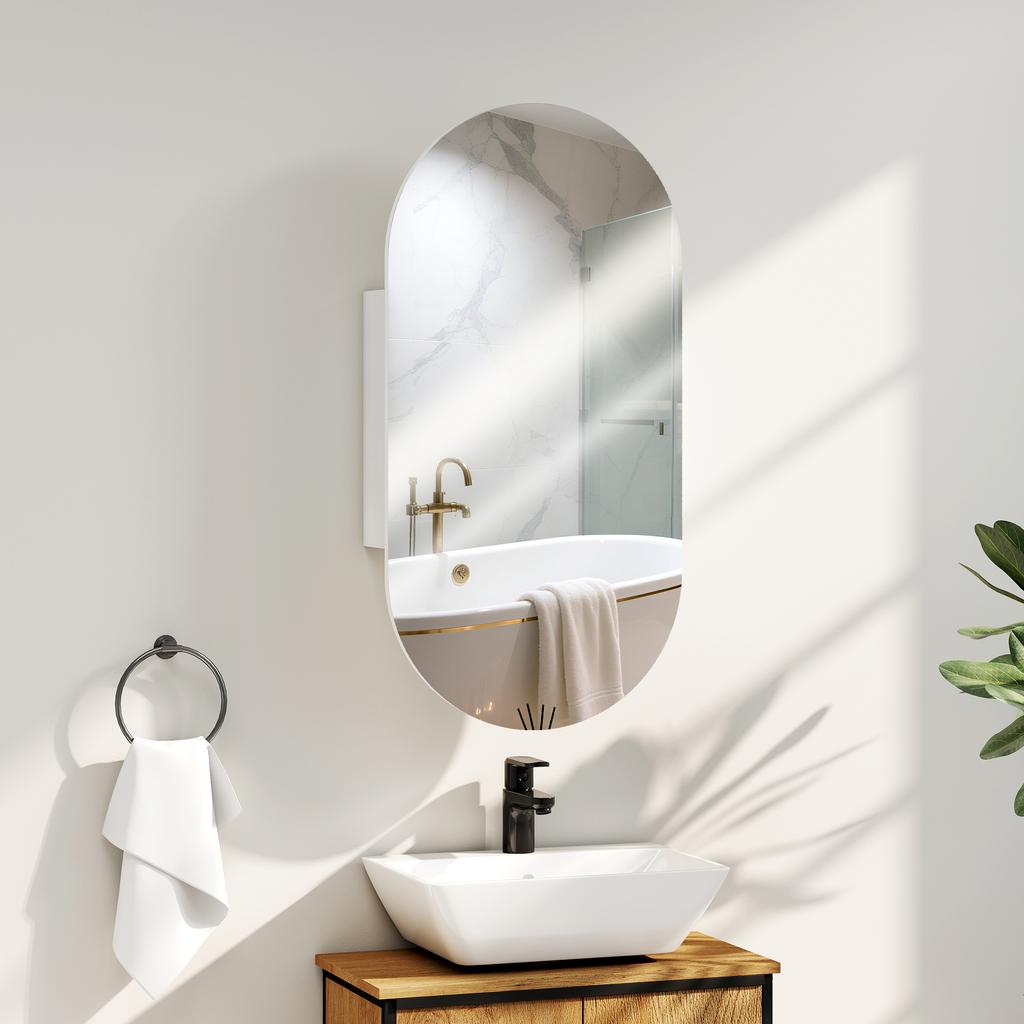 Oval Bathroom Mirror with Cabinet, Modern Wall-Mounted Bathroom Storage Mirror with Two Shelves for Storage, 45x90 cm, White