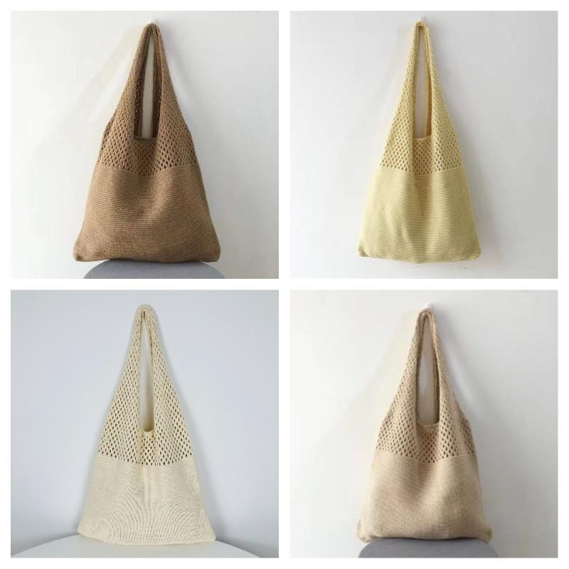 Large Capacity Knitted Tote Bag Korean INS Fashion Solid Color Hollow Out Shoulder Handbag for Women