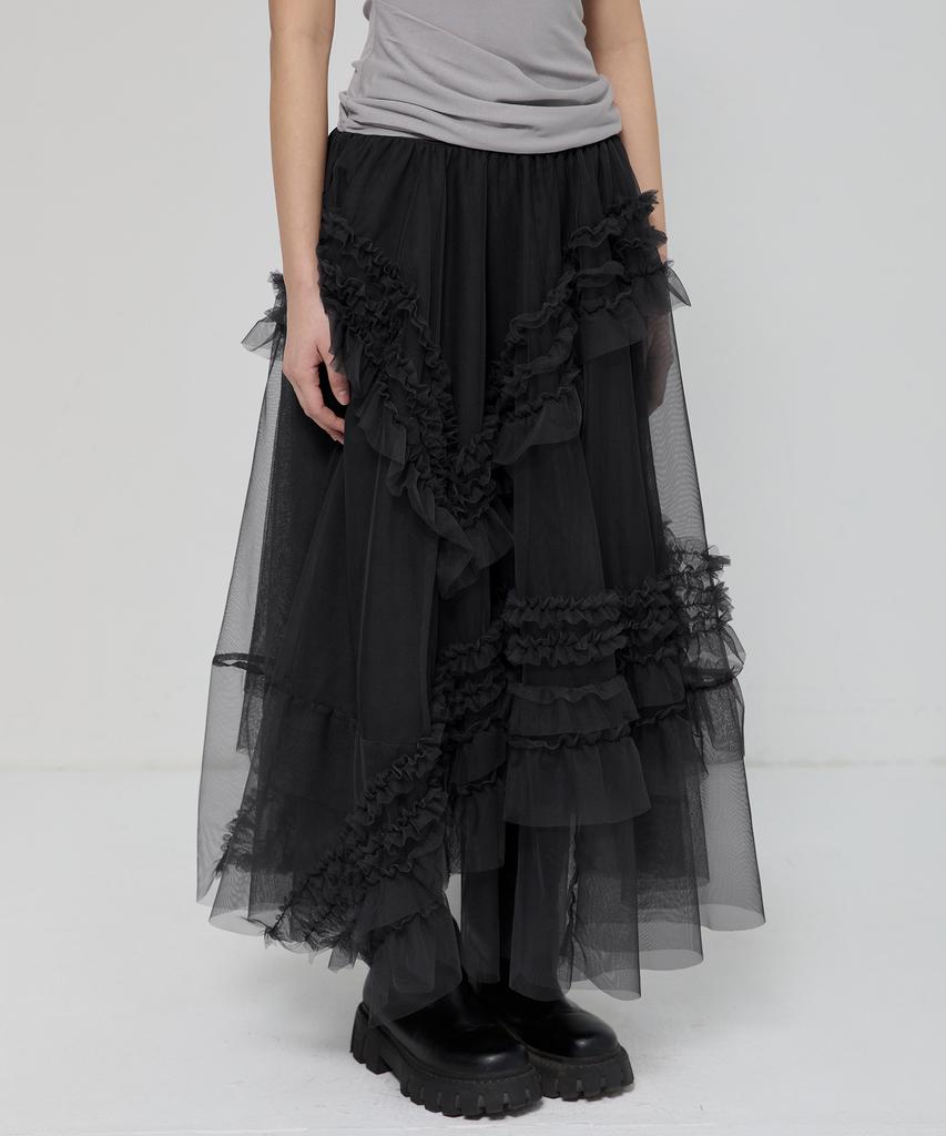 Peulleeoeob Tulle Layered Long Skirts (Fl-266_Black)