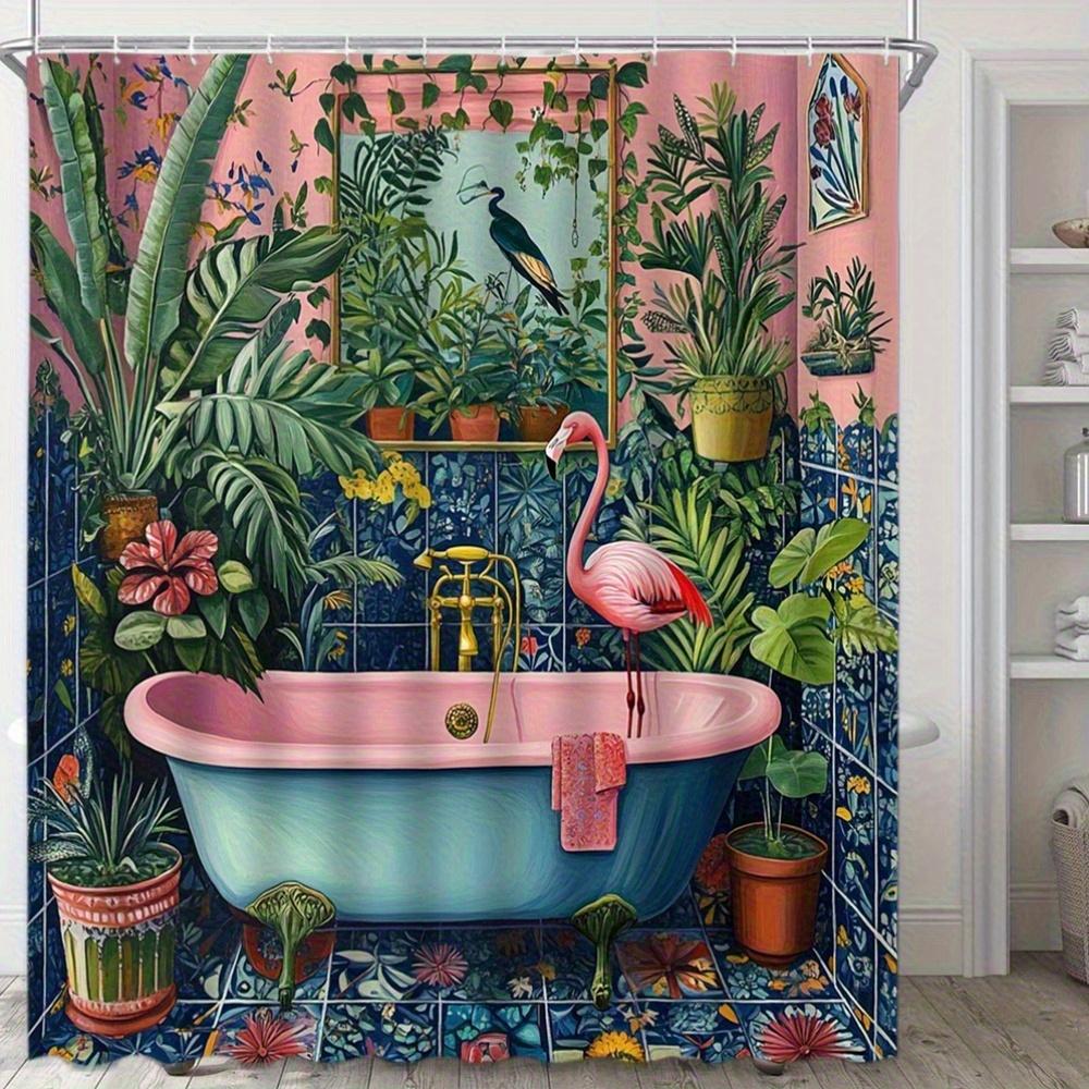 Tropical Flamingo Shower Curtain Jungle Garden Art Pink Bathtub Design Bathroom Decor Waterproof Printed Bath Curtain Home