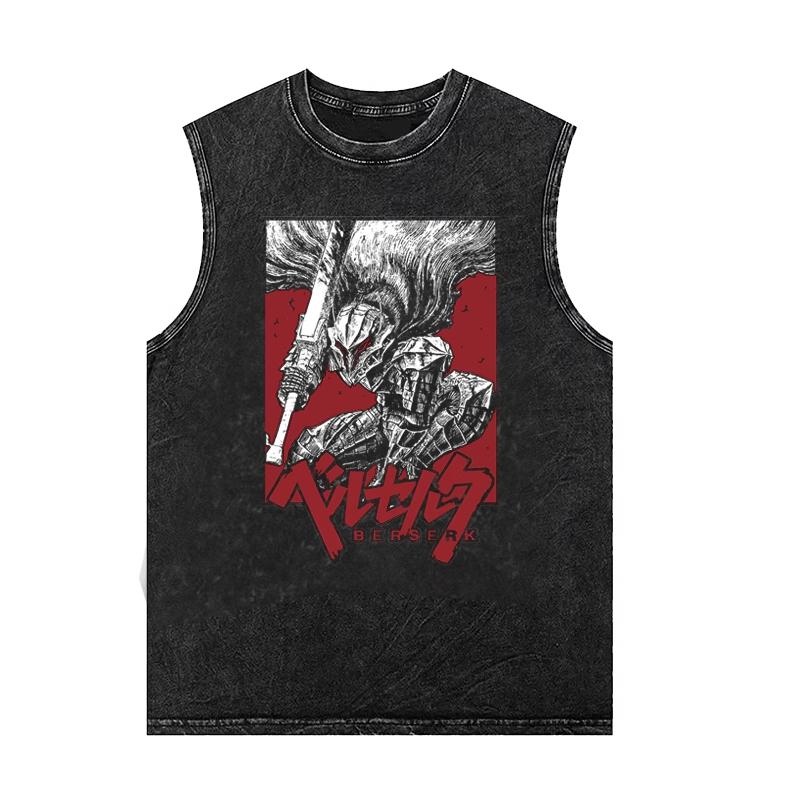 Summer Berserk Anime Punk Vintage Washed Vest Cotton T-Shirt Harajuku Mens Womens Streetwear Sleeveless Tank Top