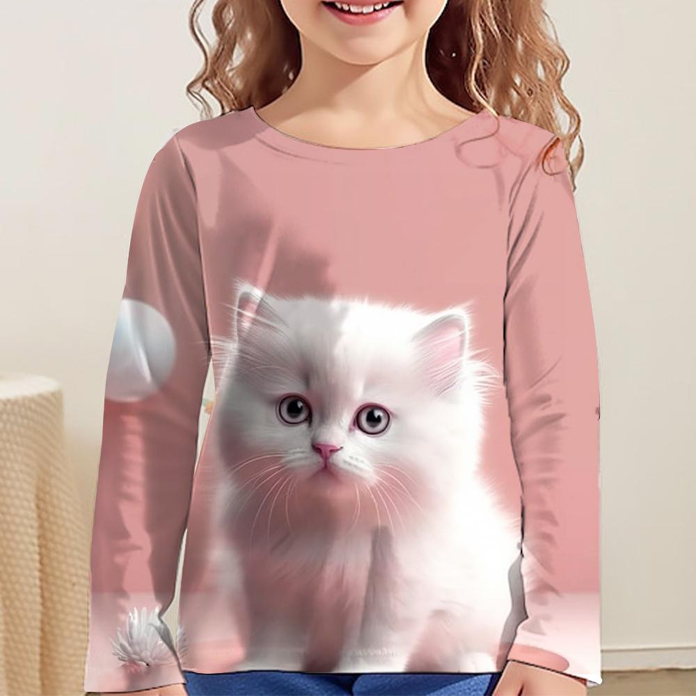 Cute Cartoon Cat Print Clothes Autumn Children Top Round Neck Long Sleeve T-Shirt Fashionable Comfortable Versatile Leisure T-shirt
