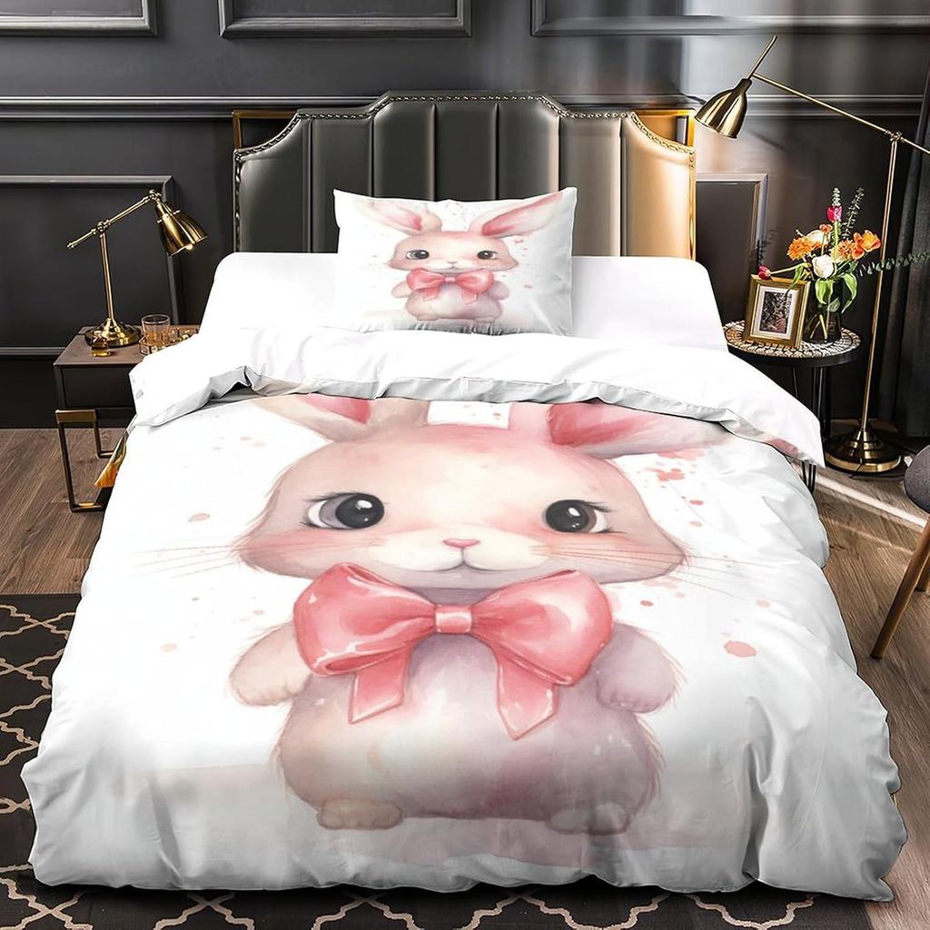 Cartoon rabbit bedding set with 3D printing for children and adults, luxurious ultra-fine fiber soft down duvet cover with zippe