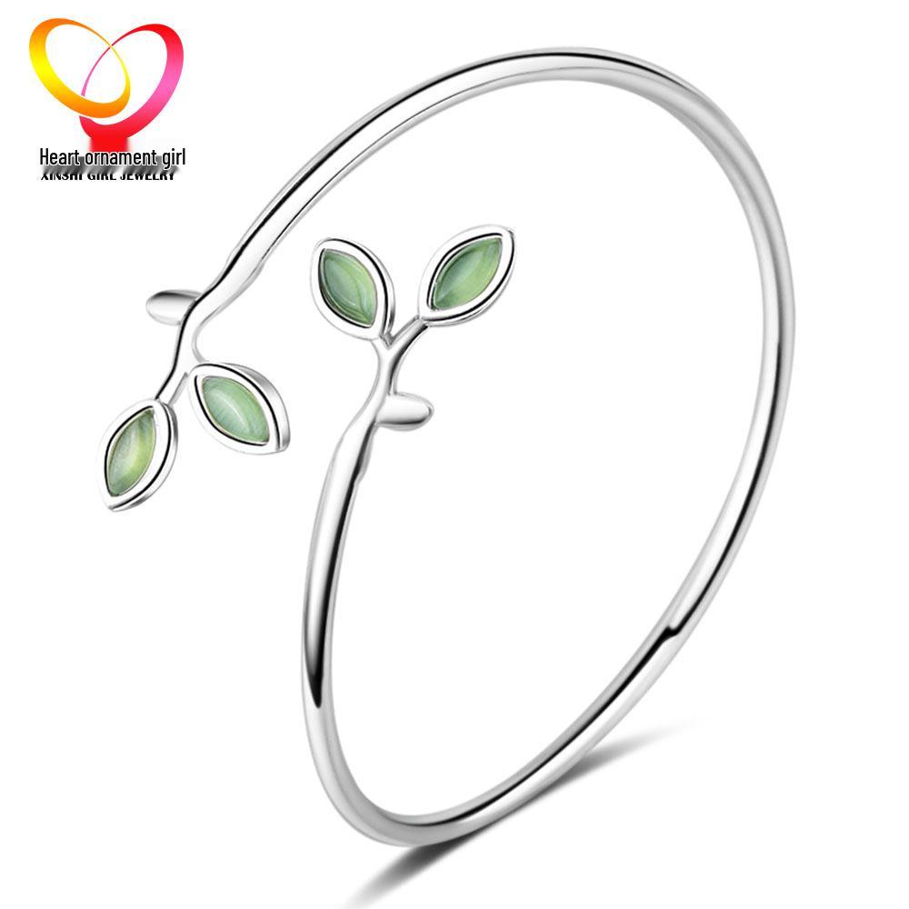 Tender Sprout Korean Mori Style Bracelet with Cat's Eye Stone and Copper Leaves