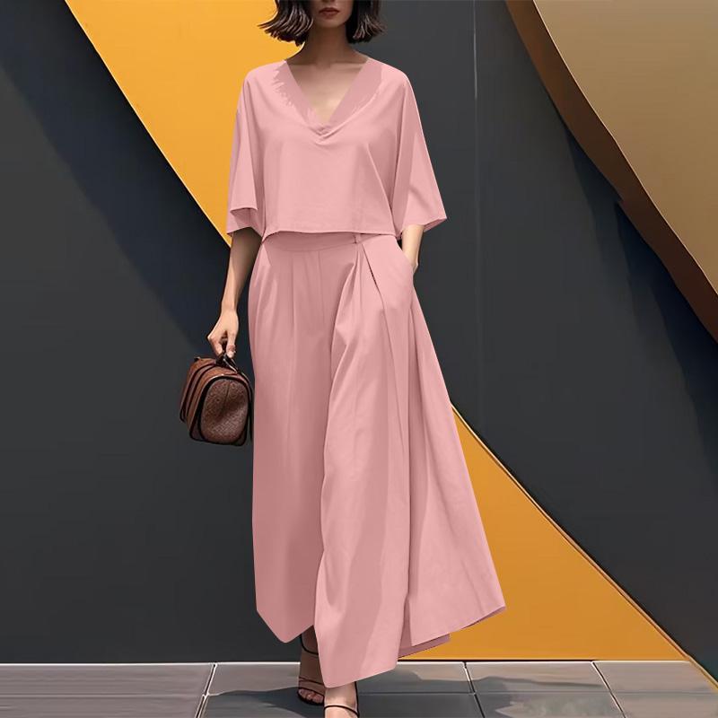 ZANZEA Lässiges Zweiteiler-Set für Damen mit 3/4-Ärmeln, Bluse und Hose mit weitem Bein