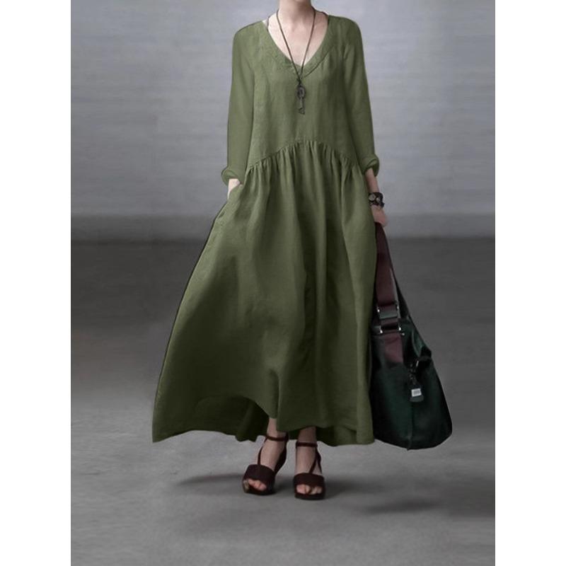 

New Fashion V-neck Women s Casual A-line Dress Large Size Solid Color Loose Long Dress Summer Simple Pleated Elegant Party Dresses Clothing 5XL армія зелений колір