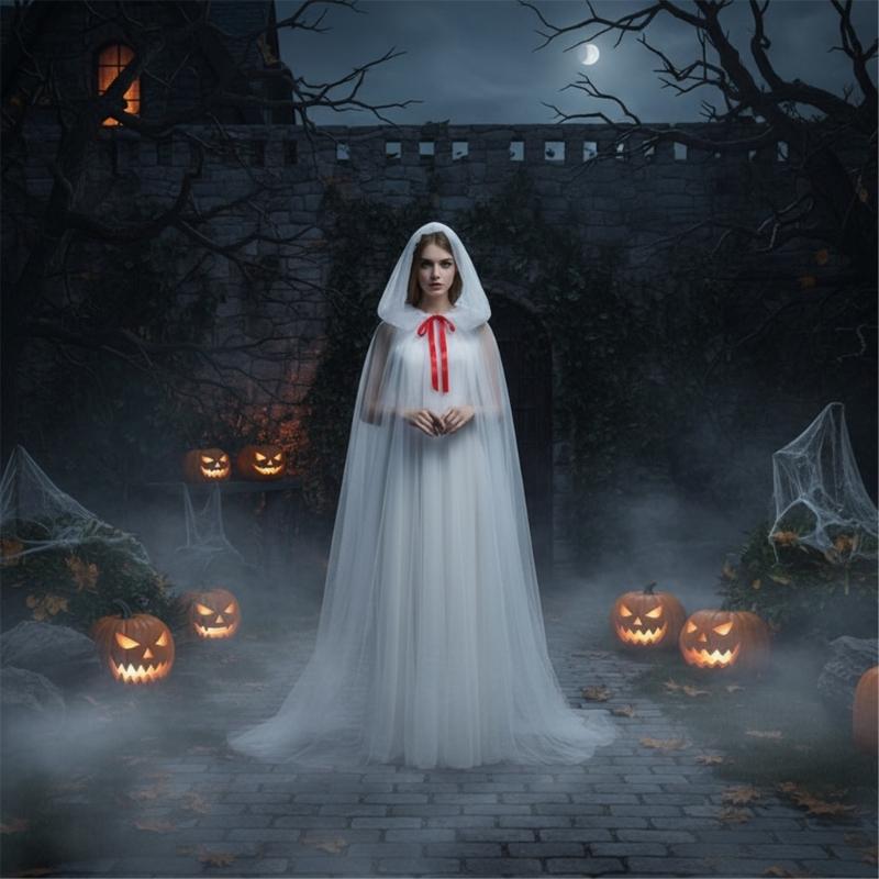 Elegant Transparent Witch Costume Cloak for Adults Teens Halloween Party Role Play Dressing Up